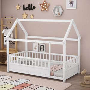 Letto a castello singolo in legno bianco con tetto a casetta e sponde di sicurezza per bambini - Product Image 4