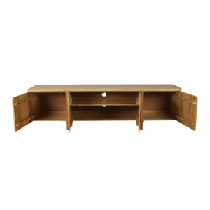 Meuble TV en bois d'acacia massif, console multimédia, unité de rangement, meuble de divertissement à quatre portes, finition naturelle, meubles de salon - Product Image 2
