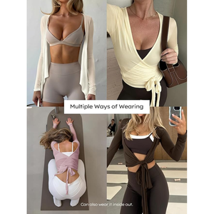 Top de Yoga de Manga Larga con Cuello Cuadrado para Mujer, con Capa Transparente y Amarre Frontal, Color Sólido, Transpirable, Ropa Deportiva - Product Image 6