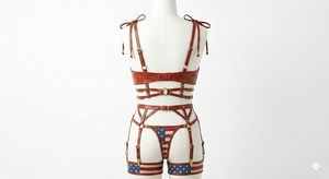 Ensemble de lingerie en cuir pour femme avec imprimé drapeau américain, détail nœud et soutien-gorge push-up - Product Image 2