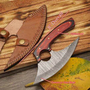Couteau Ullu forgé à la main UMAR FAROOQ, acier Damas, manche en bois, étui en cuir, écologique, ambidextre, moderne - Product Image 6