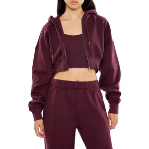 Sudadera con capucha para mujer, corta, con cremallera frontal, oversize, de forro polar, manga larga, color liso, hombros caídos, de algodón tejido, informal de invierno - Product Image 5