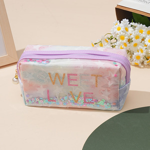 Sweet Love Embroidered Cosmetic Bag With Zipper Closure Portable <b>Makeup</b> <b>Case</b> Medium Size Lovely Style Textile Material - Product Image 1