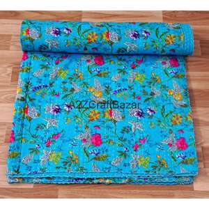 Manta de Algodón Puro 100% Ecológica con Estampado Floral de Alta Calidad India, Hecha a Mano, Estilo Kantha, para Cocina, Sala de Estar y Hogar - Product Image 3