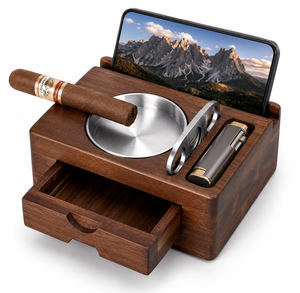 Premium Solid Walnut Wood Customized Cigar Ashtray Organizer with Phone <b>Tablet</b> <b>Holder</b> Drawer Lighter Slot & Cigar Cutter <b>Holder</b> - Product Image 4