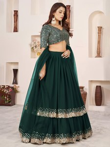 Dark Green Solid <b>Sequin</b> Georgette Chiffon Woven A-Line Floor Length Unstitched Women's Lehenga Choli <b>Top</b> Set for Party - Product Image 2