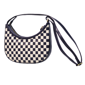 Handwoven 100% genuine leather hobo style mini sling <b>bag</b> designed with classic checkerboard pattern in black and white color - Product Image 1