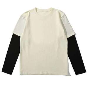 Camiseta de punto negra extragrande para hombre con ribete en contraste, manga larga, cuello redondo, diseño de bloques de color sólido, estilo casual - Product Image 2