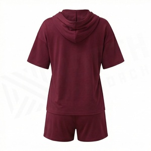 Conjunto de 2 Piezas para Mujer, Top de Manga Corta con Capucha y Pantalones Cortos, Color Sólido, Corte Holgado, Estilo Casual, Largo por Encima de la Rodilla, Traje de Algodón - Product Image 2