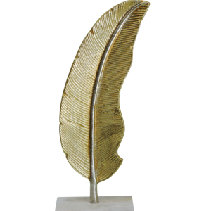 Escultura de Pluma de Aluminio Dorada y Plateada sobre Base de Mármol – Elegante Estatua Moderna de Hoja Metálica para Decoración de Estantes, Repisas y Escritorios de Oficina - Product Image 1