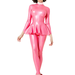 Combinaison rose en PU pour femme, col roulé, manches longues, taille froncée, coupe ajustée, longueur intégrale, couleur unie, tenue de club - Product Image 2