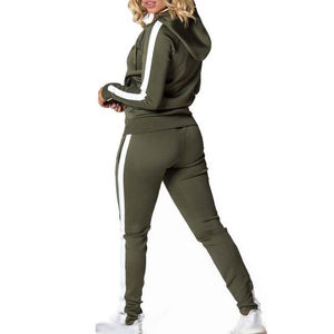 Conjunto Deportivo de Mujer con Capucha en Verde Oliva, Manga Larga, Color Sólido, para Correr, con Franjas Laterales Blancas, Transpirable, Corte Regular - Product Image 1