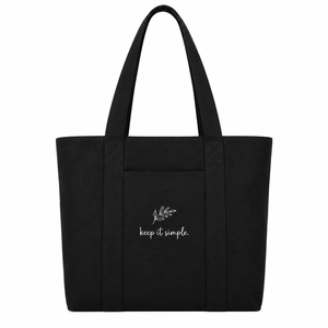 Sac fourre-tout en toile noire avec broderie « Keep It Simple », design minimaliste pour le shopping en toutes saisons - Product Image 1