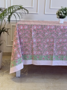 Indian Block Print <b>Tablecloth</b> Floral Cotton Table Cover Pink French <b>Tablecloth</b> Rectangle Table Cloth Dining Table Decor - Product Image 2