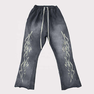 Custom Men Mid Waist High Street Flared Pants 100% Cotton Terry for Hem Cut Edge Sun Faded Acid Wash Flare <b>Drawstring</b> <b>Trouser</b> - Product Image 6