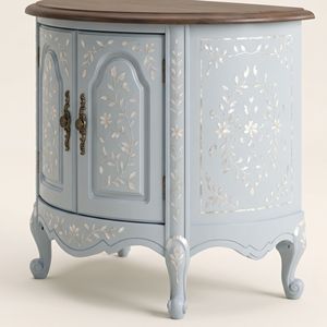Table de chevet ronde artisanale en nacre bleu clair avec incrustation florale élégante, mobilier de luxe pour chambre à coucher - Product Image 5
