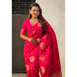 Sari de Seda Suave Rosa con Bordado de Pavo Real, Tejido Doble Zari de Elite Weaves, Ropa India y Pakistaní - Product Image 3