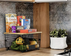 OEM/ODM Vietnam Eco Friendly Countertop Fruit Vegetable Storage <b>Wire</b> <b>Basket</b> with Multifunction Bamboo Lid Organizer - Product Image 4