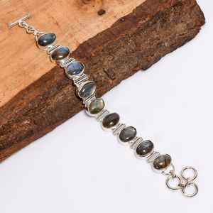 Pulsera de Plata con Piedra Preciosa Ovalada de Labradorita Natural, Estilo Vintage, Plata de Ley 925, Joyería Bohemia, Regalo - Product Image 1