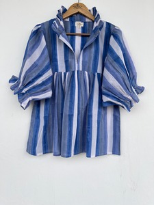 Chemisier en coton rayé bleu et blanc pour femme avec manches ballon, col à volants, coupe ample, décontracté, printemps-été, style bohème - Product Image 1