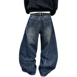 Jean en denim bleu foncé pour homme, coupe large et ample, respirant, délavé, style décontracté streetwear, avec détail de chaîne sur les poches, type pantalon de charpentier - Product Image 2