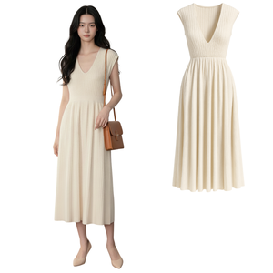 Vestido Midi de Nylon Acanalado con Cuello Redondo y Manga Corta para Mujer, Estilo Casual Chic, Venta al por Mayor para Proveedores de Ropa - Product Image 1