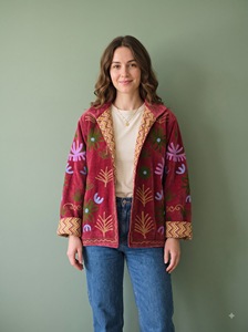 Morvi Fab 2026 New Collection #66 <b>Women</b>’s Maroon Velvet Sujani <b>Embroidered</b> <b>Jacket</b> – Colorful Floral Boho Outerwear | - Product Image 2