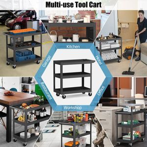 3-Tier Metal Utility Cart with Flat Handle and 2 Lockable Universal Wheels <b>Tool</b> <b>Trolley</b> - Product Image 6