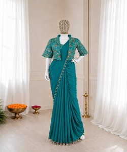 Elegant Teal Silk <b>Saree</b> <b>With</b> Embroidered <b>Jacket</b> Women's Ready To Wear Indian Wedding Party Ethnic Wear Regular Fit 82846 BB-59 - Product Image 3