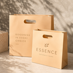 Sac en papier kraft avec poignées découpées, estampage or, écologique, sac plat standard pour emballage commercial et shopping - Product Image 1