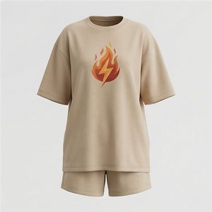 Ensemble de shorts en coton tricoté 2 pièces pour femmes avec imprimé flamme et éclairs, col rond, coupe ample, décontracté, pour le printemps et l'été - Product Image 1