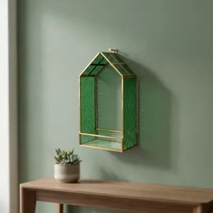 Artisan Design Modern Green Glass <b>Wall</b> Shelf with Brass Frame Hut Shape <b>Hanging</b> <b>Storage</b> Organizer for Living Room Decor - Product Image 1