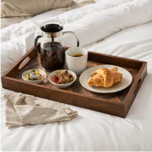 Premium Rectangular Wooden Serving <b>Tray</b> With Cutout Handles Modern Geometric Engraved Design For Coffee Table Decor & <b>Breakfast</b> - Product Image 6