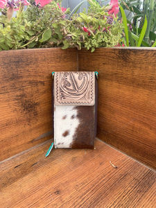 Nuevo bolso de barra cruzada móvil turquesa de cuero con pelo occidental hecho a mano, bolso de teléfono occidental de cuero genuino personalizado para mujer - Product Image 2