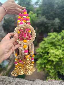 Pink Lotus MDF Wall Hanging with Golden Ring, Pom Pom & Bell Tassel Garland for Diwali, Wedding, Navratri Ganesh Chaturthi Decor - Product Image 5