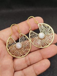 Moonstone Export Brass Gemstone Drop Earrings Bulk Handcrafted Gold Plated Finish Pattern Bezel - Product Image 3