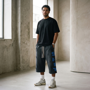 Custom <b>Men's</b> High-Street Washed <b>3</b>/<b>4</b> Sweatpants <b>Shorts</b> Ripped Large Letter Screen Printed Longline 7 Inch Long Sweat <b>Shorts</b> <b>Men</b> - Product Image 3