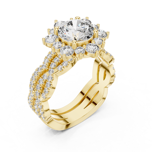 Bague en or massif 14 carats avec halo floral torsadé pavé de diamants de laboratoire taille ronde 2,30 carats DEF VVS certifiée IGI, ensemble de bijoux de mariée ODM - Product Image 5