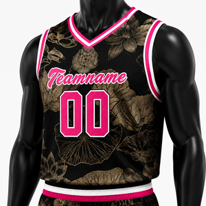 Ensemble de maillots de basket personnalisés unisexe, imprimé floral sublimé, 100% polyester respirant, débardeur à col en V, short à taille élastique - Product Image 3