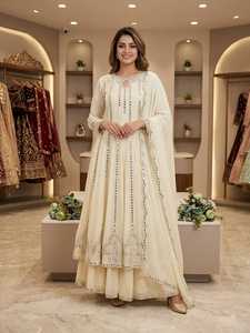 Georgette Sequence Embroidery with Real Mirror Work Floor-Length Party Gown <b>Lehenga</b> Lace Dupatta for <b>Women</b> - Product Image 3