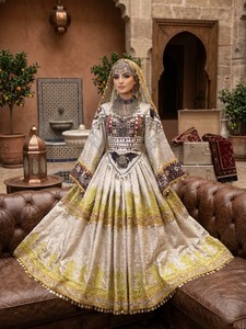 Elegant Embroidered Ball Gown <b>Dress</b> With Full Sleeves Choker Neck Floor-Length Satin <b>Formal</b> Wear Contrast Color Design - Product Image 5