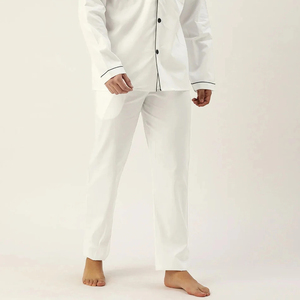 <b>Men's</b> White Long Sleeve Cotton <b>Pajama</b> <b>Set</b> With Black Trim Casual Sleepwear Full Length Pants and Shirt Spring Season Wear - Product Image 5