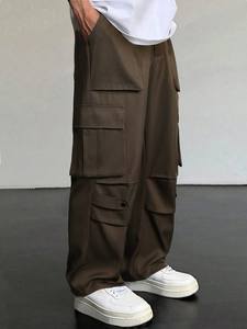 Pantalon cargo marron pour homme, taille élastique, plusieurs poches, style vêtements de travail, en toile, pour l'automne - Product Image 3