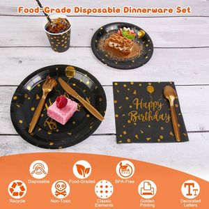 Set di stoviglie monouso in oro nero 201 pezzi per 25 ospiti 9 once tazze cannucce tovaglioli forchette coltelli tovaglia per feste di compleanno - Product Image 2