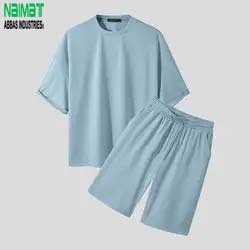 Conjunto de Camiseta y Pantalones Cortos Casuales para Hombre, Talla Grande, Color Sólido, Tejido Transpirable, Cuello Redondo, Ropa de Verano - Product Image 2