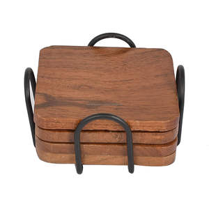 Nice Quality Tea <b>Coasters</b> Set With Metal Wire Holder <b>Black</b> Durable Wooden <b>Coasters</b> <b>and</b> <b>Placemats</b> for Household/Office/Hotel Use - Product Image 4