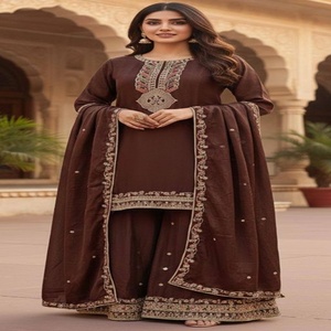 Nouvelle collection de tenues prêtes-à-porter en chinon brodé, fournisseur d'ensembles palazzo pour femmes, exportateur de mode féminine d'Inde - Product Image 1