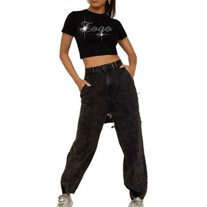 Women's Black Crop <b>Top</b> <b>Rhinestone</b> Logo Streetwear Short Sleeve Crew Neck Knitted T-Shirt Spring Summer Wear - Product Image 6