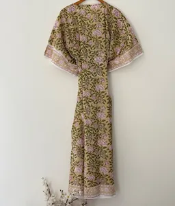Vestido Kaftán de Algodón con Estampado Floral Hecho a Mano, Estilo Bohemio para Mujer, Cuello en V Profundo, Corte Holgado, Ideal para Vacaciones y Playa - Product Image 1