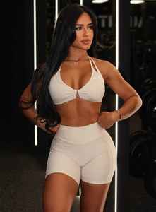Ensemble de sport 2 pièces beige pour femme, haut court dos nu et short taille haute, couleur unie, en tricot élasthanne, rembourrage amovible, respirant - Product Image 6